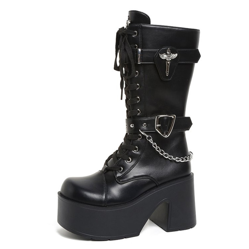 Motorcycle Chain - Goth Platform Chunky High Heel Mid-calf